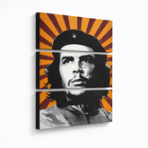 Kézzel festett POP Art festmény Che Guevara 3 darab Che – 3D látvány a kézzel festett vászonról fehér háttéren. Domináns színek: sárga, fekete, fehér, szürke, narancssárga.
