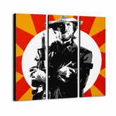 Kézzel festett POP Art festmény Clint Eastwood 3 darab ce2 – 3D látvány a kézzel festett vászonról fehér háttéren. Domináns színek: fekete, sárga, piros, fehér.