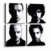 Kézzel festett POP Art festmény Coldplay 4 darab cp – 3D látvány a kézzel festett vászonról fehér háttéren. Domináns színek: fekete, fehér, szürke.