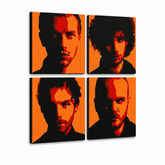 Kézzel festett POP Art festmény Coldplay 4 darab cp2 – 3D látvány a kézzel festett vászonról fehér háttéren. Domináns színek: fekete, narancssárga, piros.