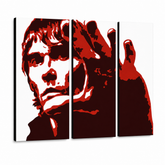 Kézzel festett POP Art festmény Ian Brown 3 db ib3 – 3D látvány a kézzel festett vászonról fehér háttéren. Domináns színek: piros, fekete, fehér.