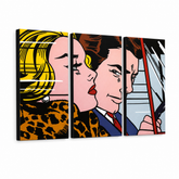 Kézzel festett POP Art festmény LICHTENSTEIN 3 darab li4 – 3D látvány a kézzel festett vászonról fehér háttéren. Domináns színek: sárga, fekete, rózsaszín, kék, barna.