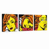 Kézzel festett POP Art festmény LICHTENSTEIN 3 darab li7 – 3D látvány a kézzel festett vászonról fehér háttéren. Domináns színek: sárga, fekete, narancssárga.