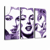 Kézzel festett POP Art festmény Marilyn MONROE 3 darab mon4 – 3D látvány a kézzel festett vászonról fehér háttéren. Domináns színek: lila, fehér, fekete.