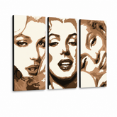 Kézzel festett POP Art festmény Marilyn MONROE 3 db mon1 – 3D látvány a kézzel festett vászonról fehér háttéren. Domináns színek: bézs, barna, fekete.
