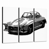 Kézzel festett POP Art festmény MERCEDES SL300 3 darab mer – 3D látvány a kézzel festett vászonról fehér háttéren. Domináns színek: fekete, fehér, szürke.