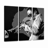 Kézzel festett POP Art festmény Miles Davis 3 db md – 3D látvány a kézzel festett vászonról fehér háttéren. Domináns színek: fekete, fehér, szürke.