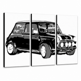 Kézzel festett POP Art festmény MINI COOPER 3 darab mini – 3D látvány a kézzel festett vászonról fehér háttéren. Domináns színek: fekete, fehér, szürke.
