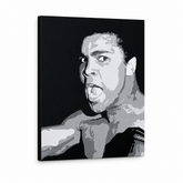 Kézzel festett POP Art festmény Muhamad Ali 1 db ali – 3D látvány a kézzel festett vászonról fehér háttéren. Domináns színek: fekete, szürke, fehér.