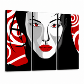 Kézzel festett POP Art festmény Nice WOMAN 3 darab nwoman – 3D látvány a kézzel festett vászonról fehér háttéren. Domináns színek: fekete, piros, fehér.