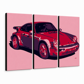 Kézzel festett POP Art festmény PORSCHE 911 3 darab por3 – 3D látvány a kézzel festett vászonról fehér háttéren. Domináns színek: piros, rózsaszín, fekete.