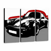 Kézzel festett POP Art festmény PORSCHE 911 3 darab por5 – 3D látvány a kézzel festett vászonról fehér háttéren. Domináns színek: fekete, piros, szürke.
