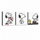 Kézzel festett POP Art festmény SNOOPY 3 darab snoopy – 3D látvány a kézzel festett vászonról fehér háttéren. Domináns színek: fekete, piros, sárga.
