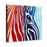 Kézzel festett POP Art festmény SZÍNEK 1 db zebra – 3D látvány a kézzel festett vászonról fehér háttéren. Domináns színek: piros, oranzová, kék, fehér, fekete.