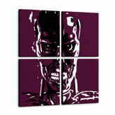 Kézzel festett POP Art festmény TERMINATOR 4 darabos ter – 3D látvány a kézzel festett vászonról fehér háttéren. Domináns színek: fekete, fehér, lila.