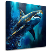 Boho stílusú vászonkép motívummal: PREMIUM ART - Shark Force in Dark Water, óceán, tenger és tengerpart kék-arany árnyalatokban, fenséges hangulat – fő