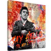 Pop art vászonkép motívummal: Say hello to my little friend, táj narancs-piros árnyalatokban, filmvilág | Scarface vászonkép Say hello to my little friend – fő