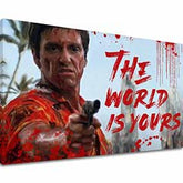 Pop art vászonkép motívummal: Krvavý Tony Montana so zbraňou v ruke, táj fehér-piros árnyalatokban, erő és hatalom | Scarface vászonkép Krvavý Tony Montana so zbraňou v ruke – fő