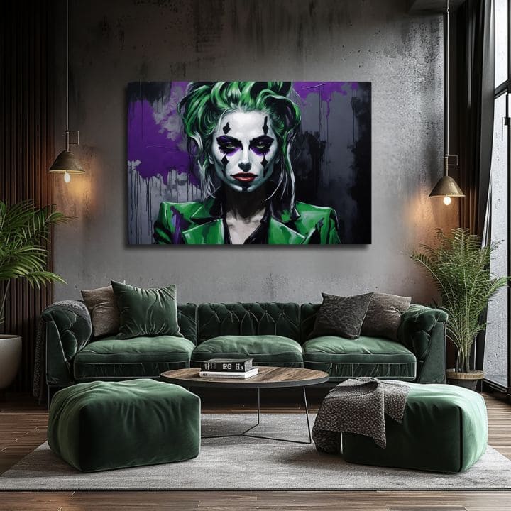 A modern belső térben egy női Joker portréja látható zöld és lila színekben, egy fa konzol fölött elhelyezve, Papilora.
