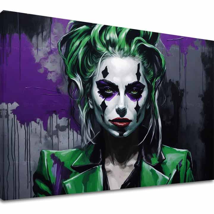 A vászonkép egy női Joker portréját ábrázolja élénkzöld hajjal és sminkkel, lila és fekete háttérrel, Papilora.