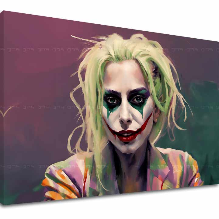A vászonkép egy női portrét ábrázol Joker sminkben, élénk zöld hajjal és színes ruhában, lila háttérrel, Papilora.