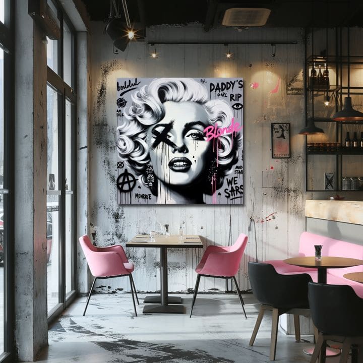 Marilyn Monroe fekete-fehér pop-art portréja rózsaszín és fekete graffitivel egy modern, stílusos belső térben, fa konzol felett, vázával és gyertyával, Papilora.