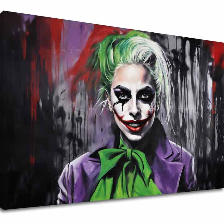 A vászonkép egy női Joker portréját ábrázolja zöld hajjal és lila ruhában, vörös és fekete háttérrel, Papilora.