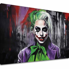 A vászonkép egy női Joker portréját ábrázolja zöld hajjal és lila ruhában, vörös és fekete háttérrel, Papilora.