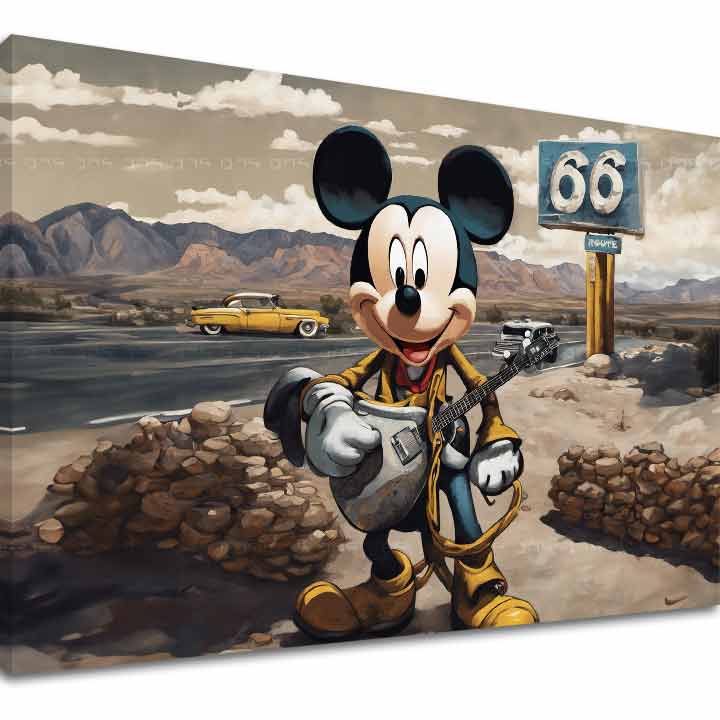 Mickey egér gitárral a 66-os út mellett, sárga autóval a háttérben, vászonra nyomtatva, látható fakerettel Papilora.