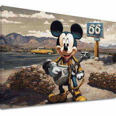 Mickey egér gitárral a 66-os út mellett, sárga autóval a háttérben, vászonra nyomtatva, látható fakerettel Papilora.