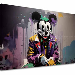 A vászonkép egy Mickey egér maszkos figurát ábrázol Joker jelmezben, sötét és lila árnyalatokkal, látható fakerettel, Papilora.