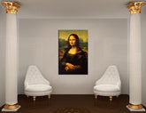 Pop art vászonkép motívummal: MONA LISA – Leonardo Da Vinci, táj, városi motívum, természet fehér-arany árnyalatokban felakasztva az enteriőrben dolgozószoba számára – enteriőr