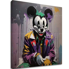 A vászonkép egy Mickey egér maszkos figurát ábrázol Joker jelmezben, sötét és lila színekkel, látható fakerettel, Papilora.