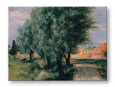 Modern vászonkép motívummal: Adolph Menzel - Stavenisko s vrbami, fák, ösvény, égbolt zöld-barna árnyalatokban, nyugodt hangulat – termék