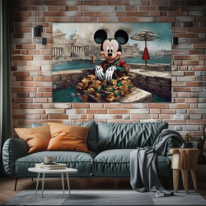 Mickey egér, aranyrudakkal és egy ősi városi háttérrel, egy modern enteriőrben, fa konzol fölött, Papilora.