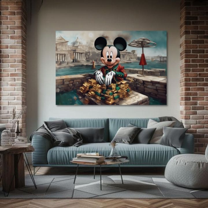Mickey egér, aranyrudakkal és egy ősi városi háttérrel, egy modern enteriőrben, fa konzol fölött, Papilora.