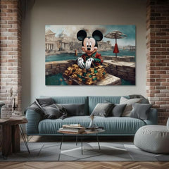 Mickey egér, aranyrudakkal és egy ősi városi háttérrel, egy modern enteriőrben, fa konzol fölött, Papilora.