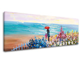 Boho stílusú vászonkép motívummal: STRAND, gyerek, óceán, virágok, tenger és tengerpart többszínű árnyalatokban, nyugodt hangulat, szerelem és család, alkalmas a hálószoba számára – termék