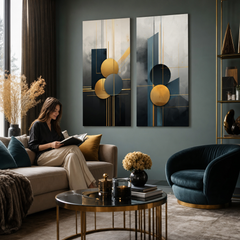 Elegáns 2 részes Art Deco Báj vászonkép szett az étkező komódja fölött – A mozgás világa és Életút motívumokkal.