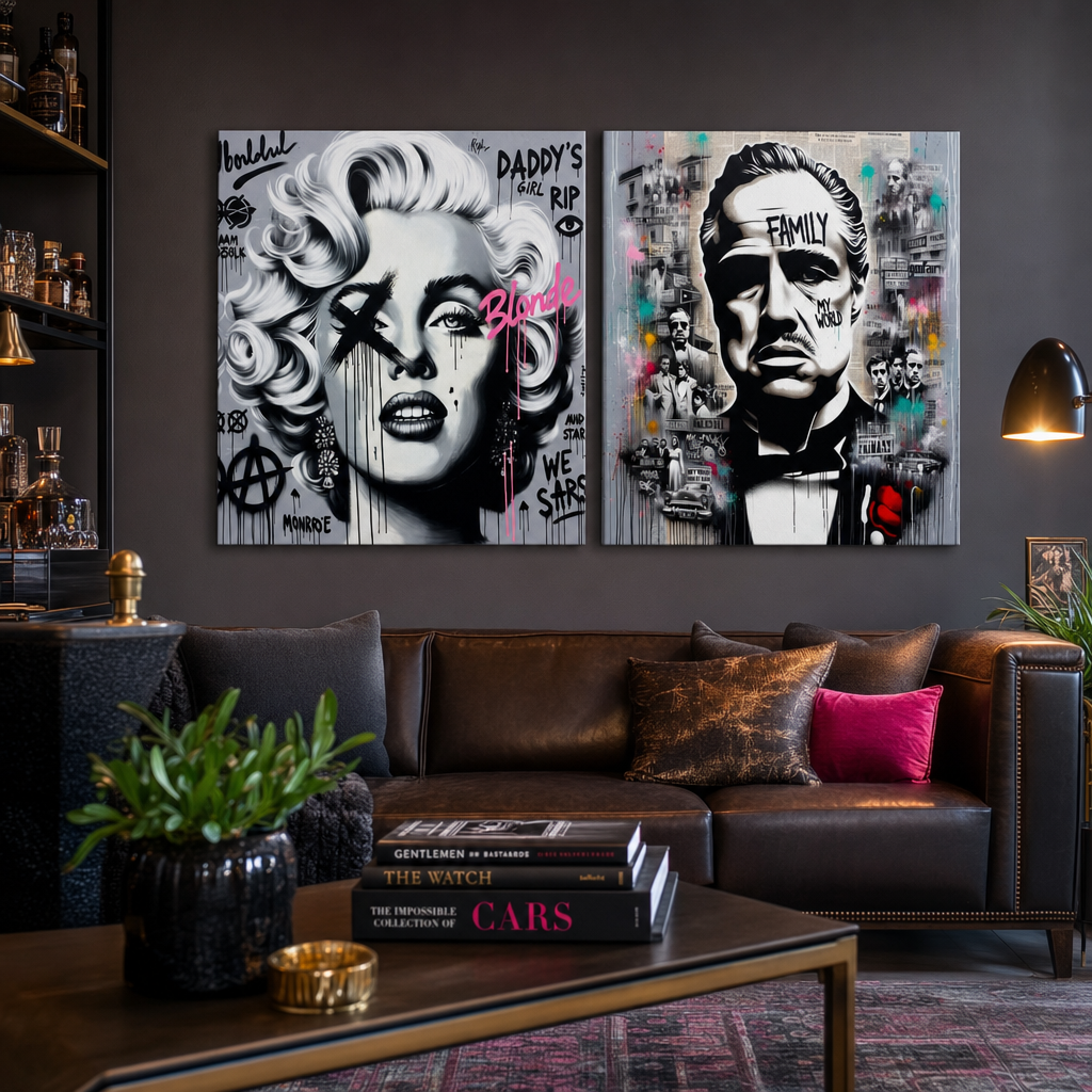 Papilora 2 részes vászonkép szett Mozi Legendák, Marilyn Monroe és A Keresztapa fekete-fehér pop-art stílusban, kanapé fölött a nappaliban.