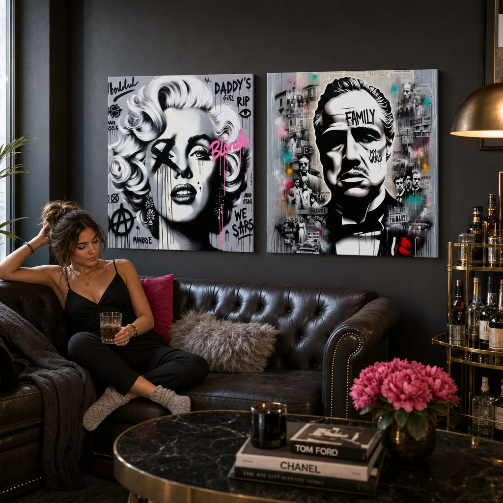 Mozi Legendák 2 részes vászonkép szett, Marilyn Monroe és A Keresztapa street-art pop-art stílusban, komód fölött a nappaliban.