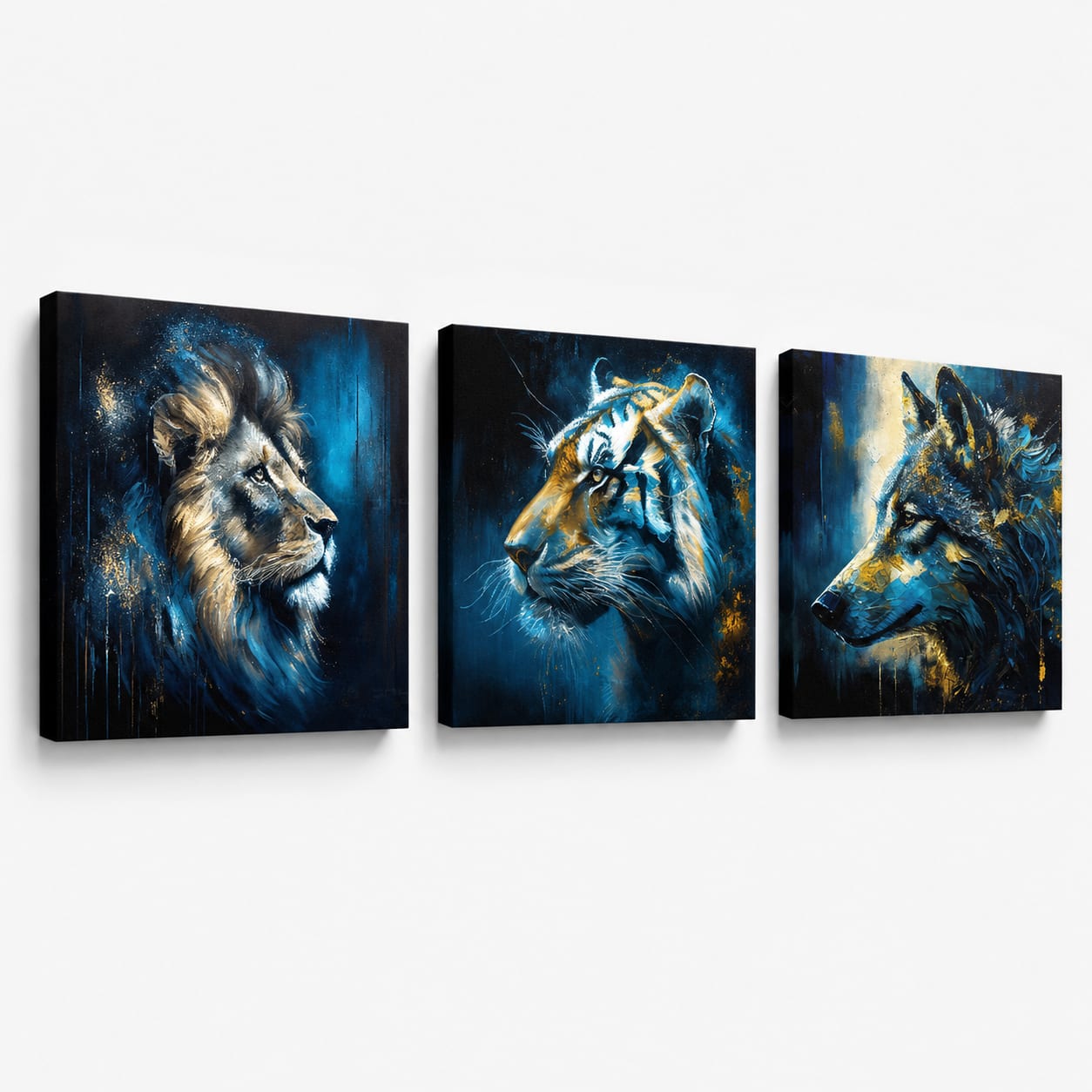Wild Kingdom 3 részes festmény szett – Oroszlán, Tigris, Farkas – gallery-wrap vászon fehér háttéren, kézzel festett akril részletekkel