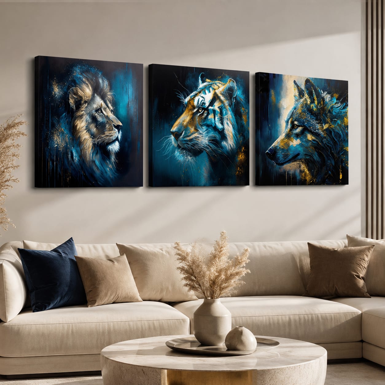 Papilora Wild Kingdom szett modern nappaliban – három Oroszlán Tigris Farkas festmény a kanapé fölött, elegáns enteriőrben