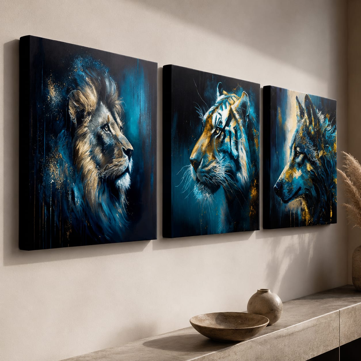 Wild Kingdom szett részlet – három festmény a falon közelről, látható gallery-wrap élek és akril részletek