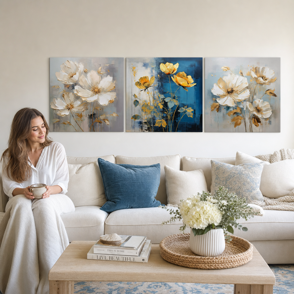 Arany Virágköltészet triptichon vászonkép szett modern hálószobában, meleg arany tónusokkal, elegáns otthoni dekorációként.