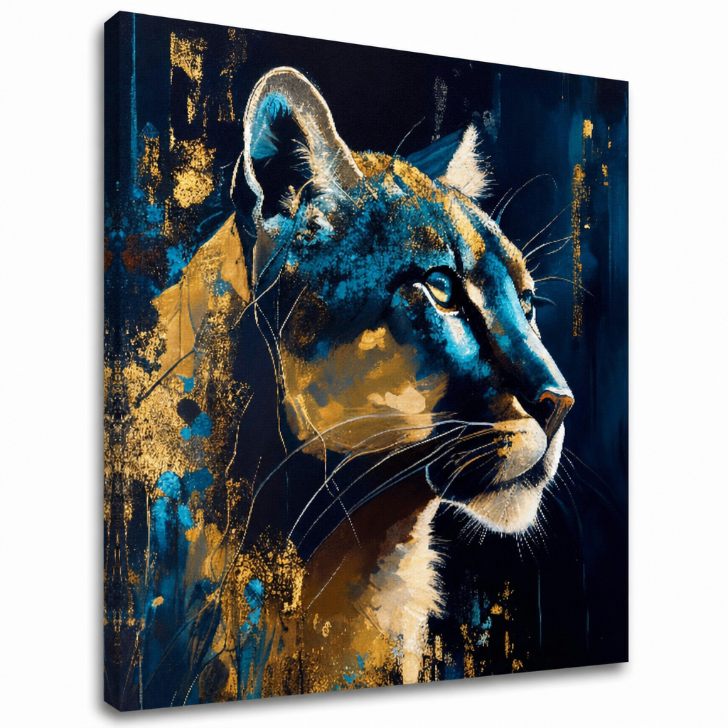 A Puma csendes tekintete vászonkép – modro-arany puma motívum, gallery-wrap vászon a Safari Gold szettből