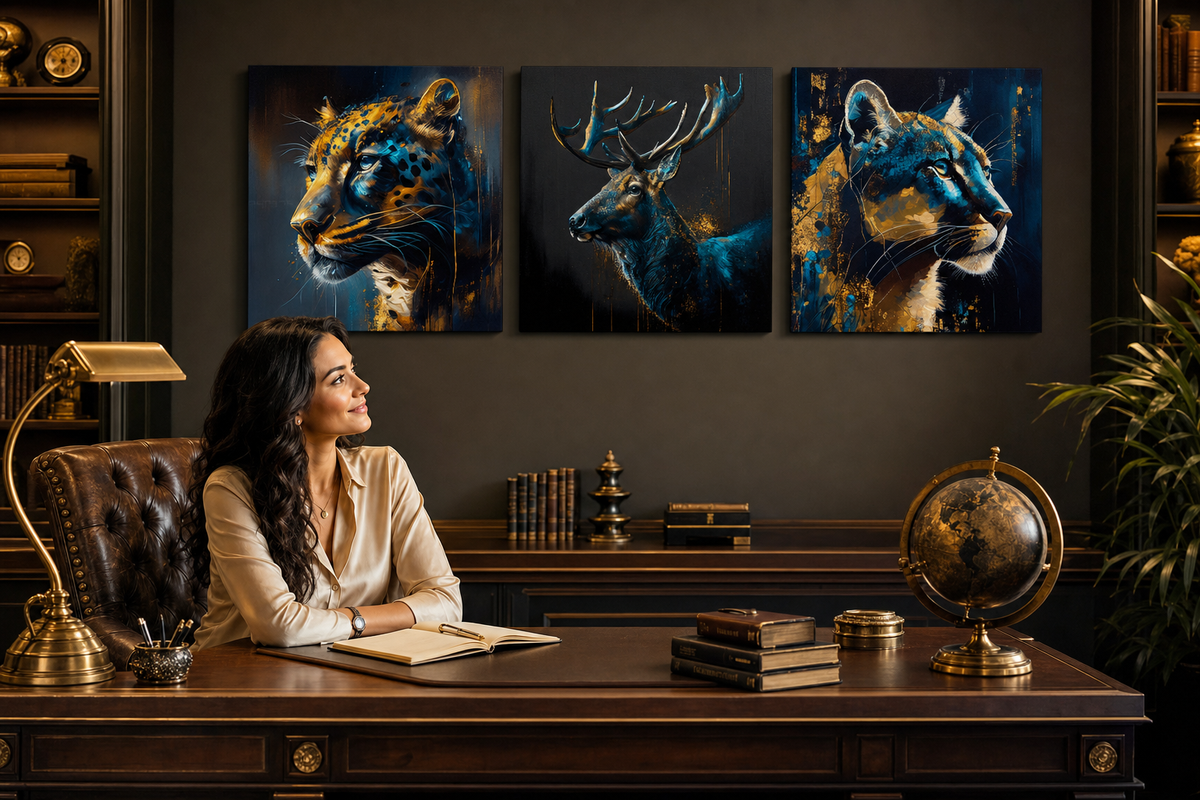 Safari Gold 3 részes vászonkép szett – Jaguár, Szarvas, Puma – prémium falikép luxus irodába, Papilora