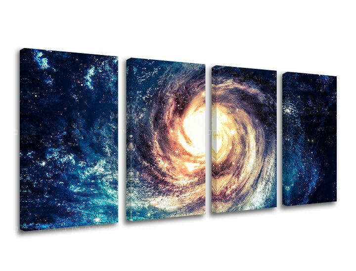 Modern vászonkép motívummal: galaxis, csillagok, világűr kék-arany árnyalatokban, fenséges hangulat, többrészes kivitel, alkalmas a dolgozószoba számára – fő