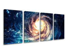 Modern vászonkép motívummal: galaxis, csillagok, világűr kék-arany árnyalatokban, fenséges hangulat, többrészes kivitel, alkalmas a dolgozószoba számára – fő