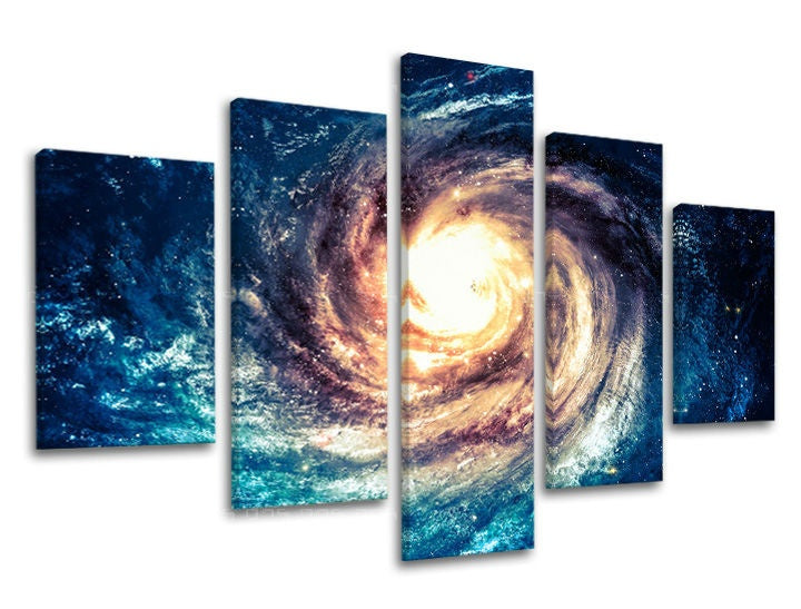 Klasszikus vászonkép motívummal: galaxis, csillagok, világűr lila-kék árnyalatokban, fenséges hangulat, többrészes kivitel, alkalmas a nappali számára – fő